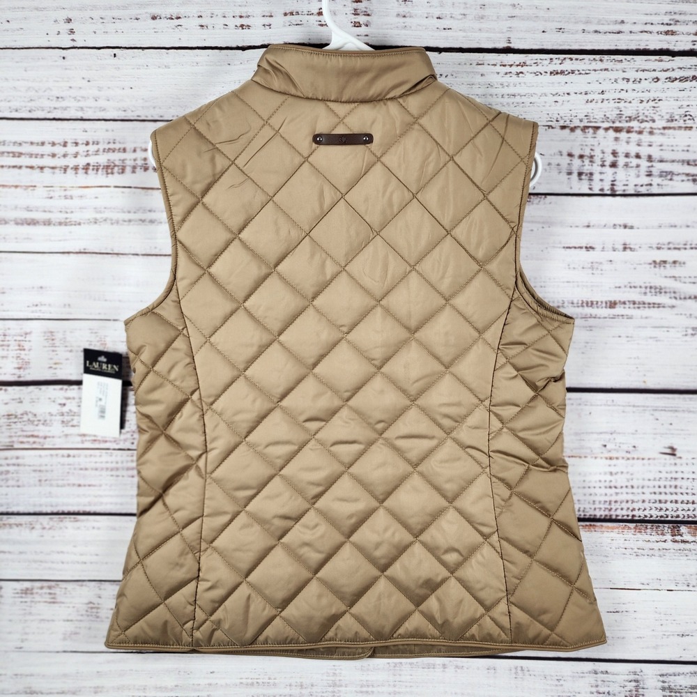 NWT Lauren Ralph Lauren Quilted Vest Small Petite Regular Birch Tan Crest Patch - Picture 3 of 12